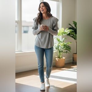 Nine West Gray Ruffle cold shoulder Sleeve Top